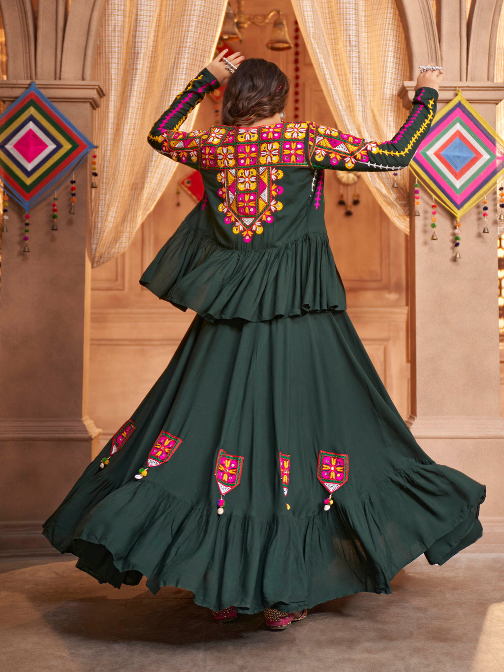 Myra Green Koti Style Viscose Rayon Embroidered Designer Navratri Special Lehenga