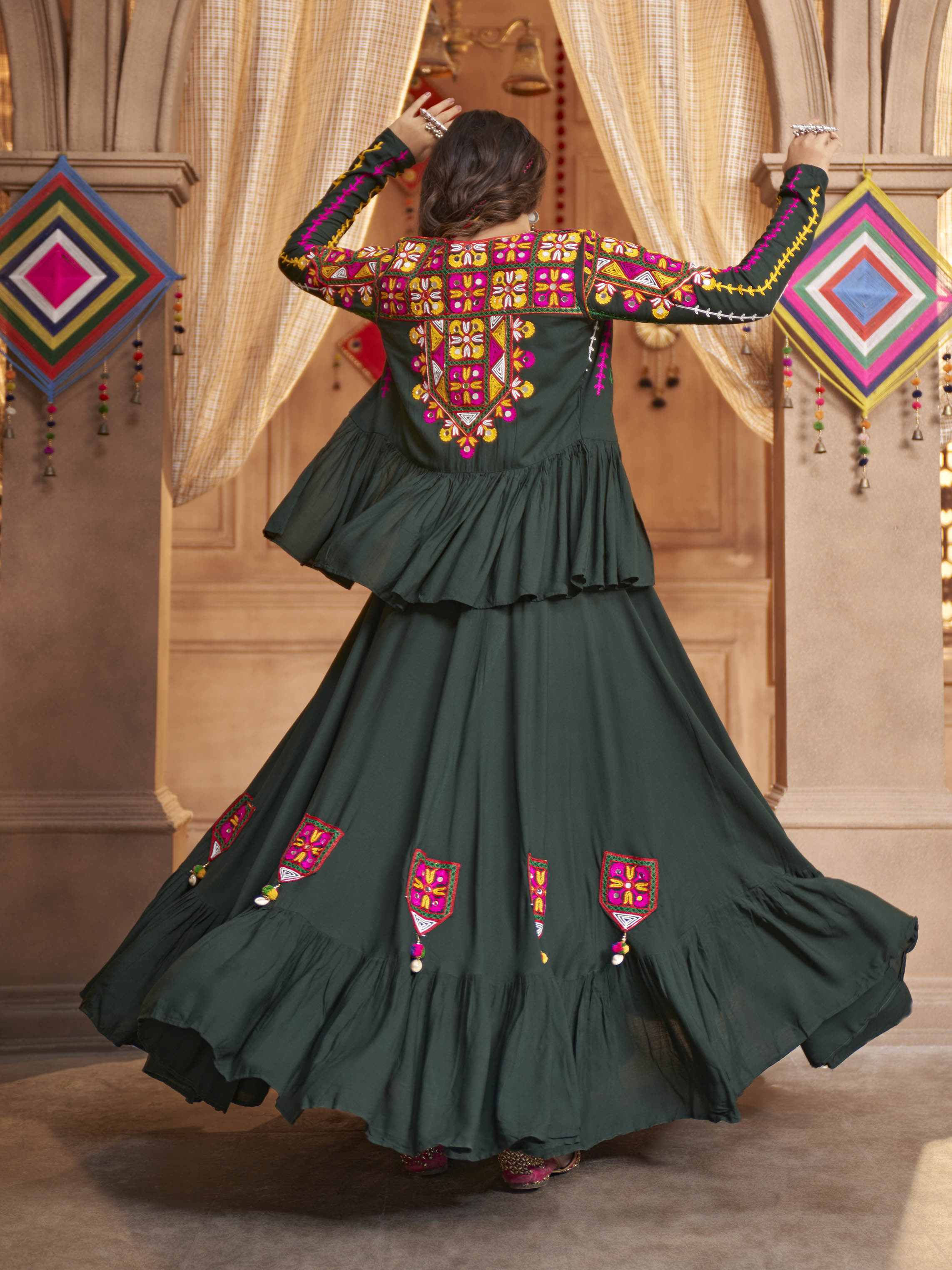Myra Green Koti Style Viscose Rayon Embroidered Designer Navratri Special Lehenga