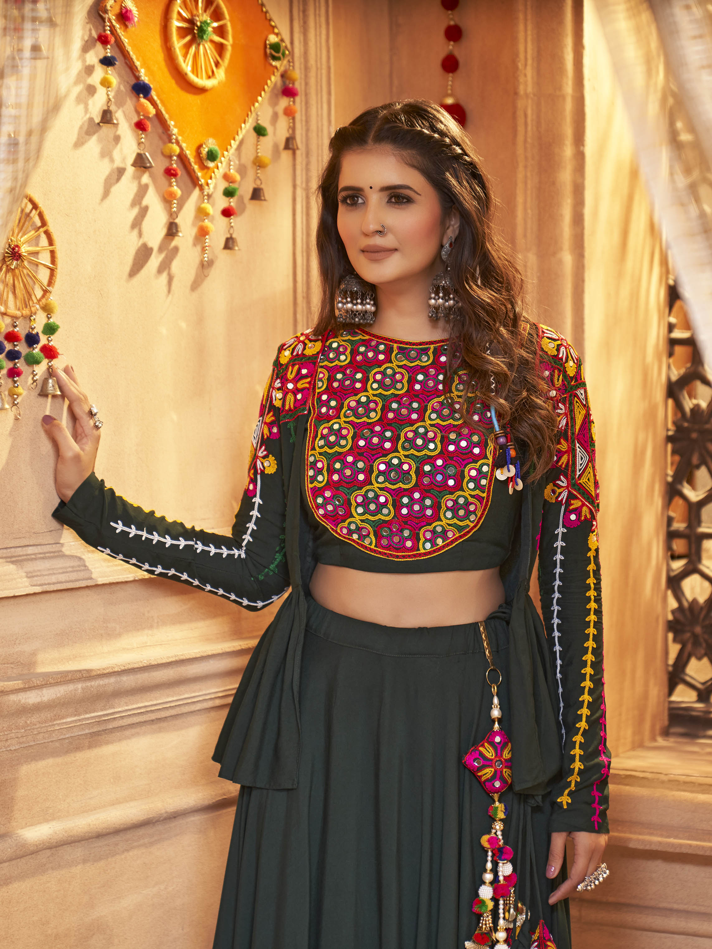 Myra Green Koti Style Viscose Rayon Embroidered Designer Navratri Special Lehenga