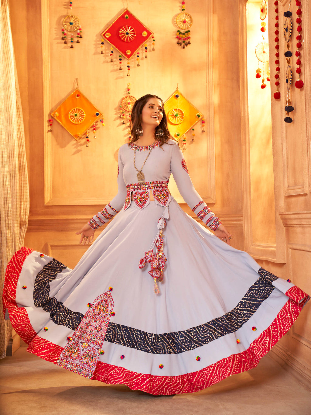 Myra Sky Viscose Rayon Embroidered Designer Navratri Special Lehenga