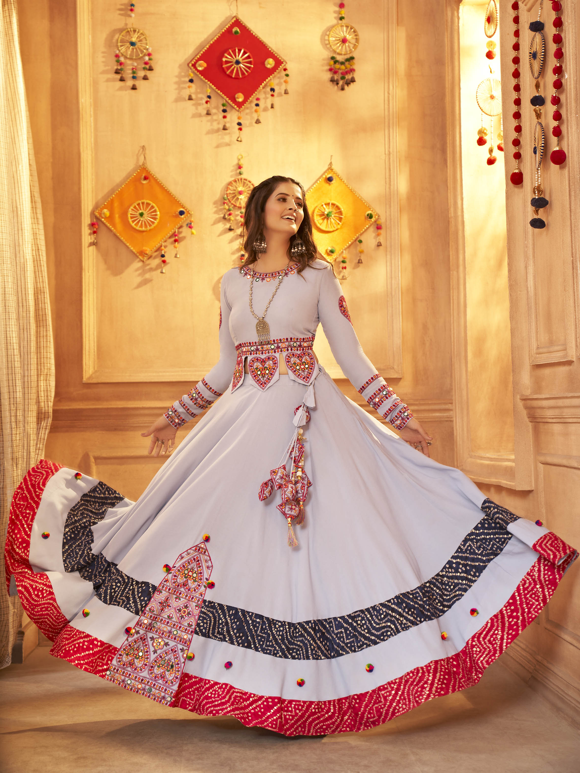 Myra Sky Viscose Rayon Embroidered Designer Navratri Special Lehenga