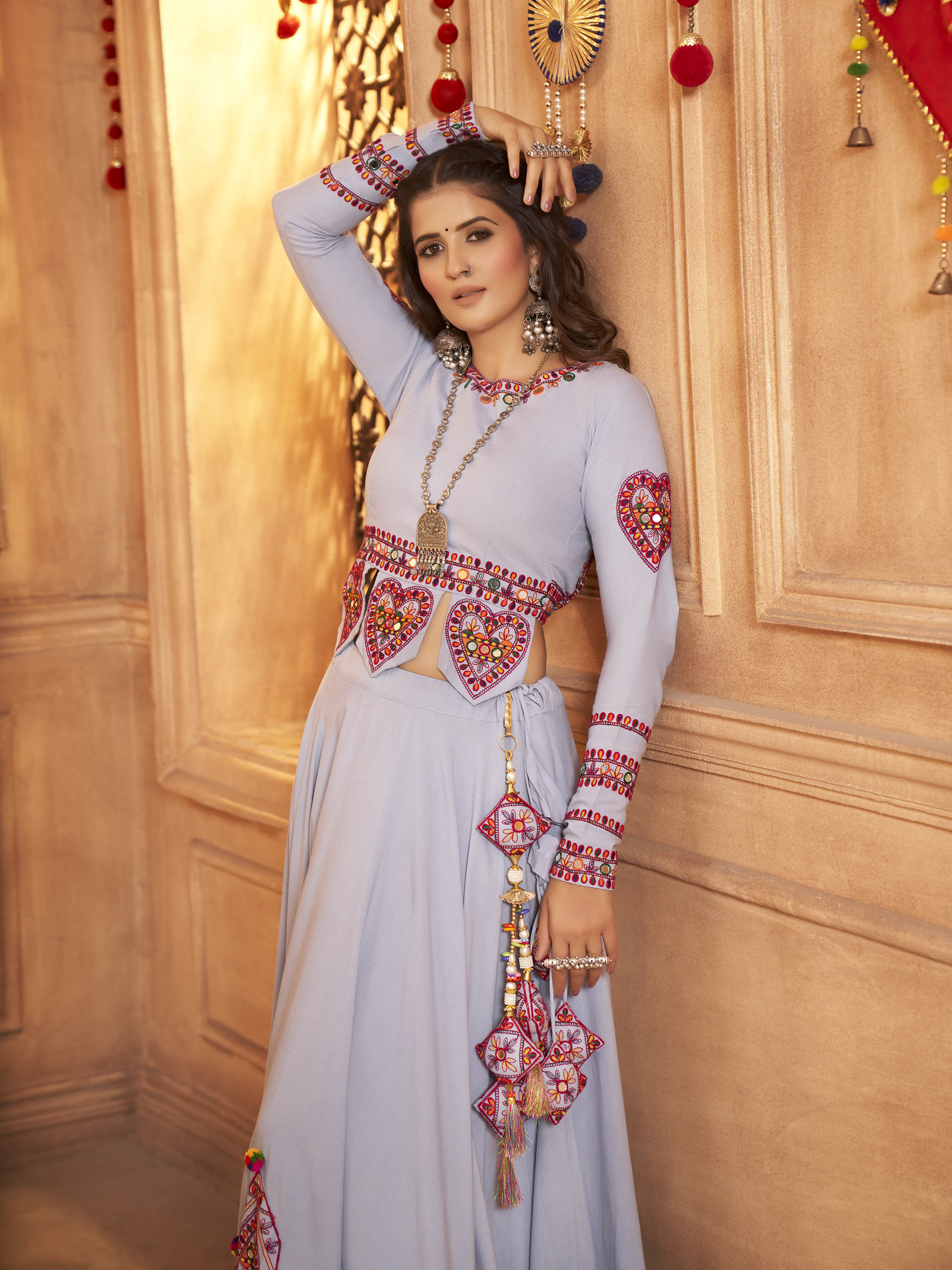 Myra Sky Viscose Rayon Embroidered Designer Navratri Special Lehenga