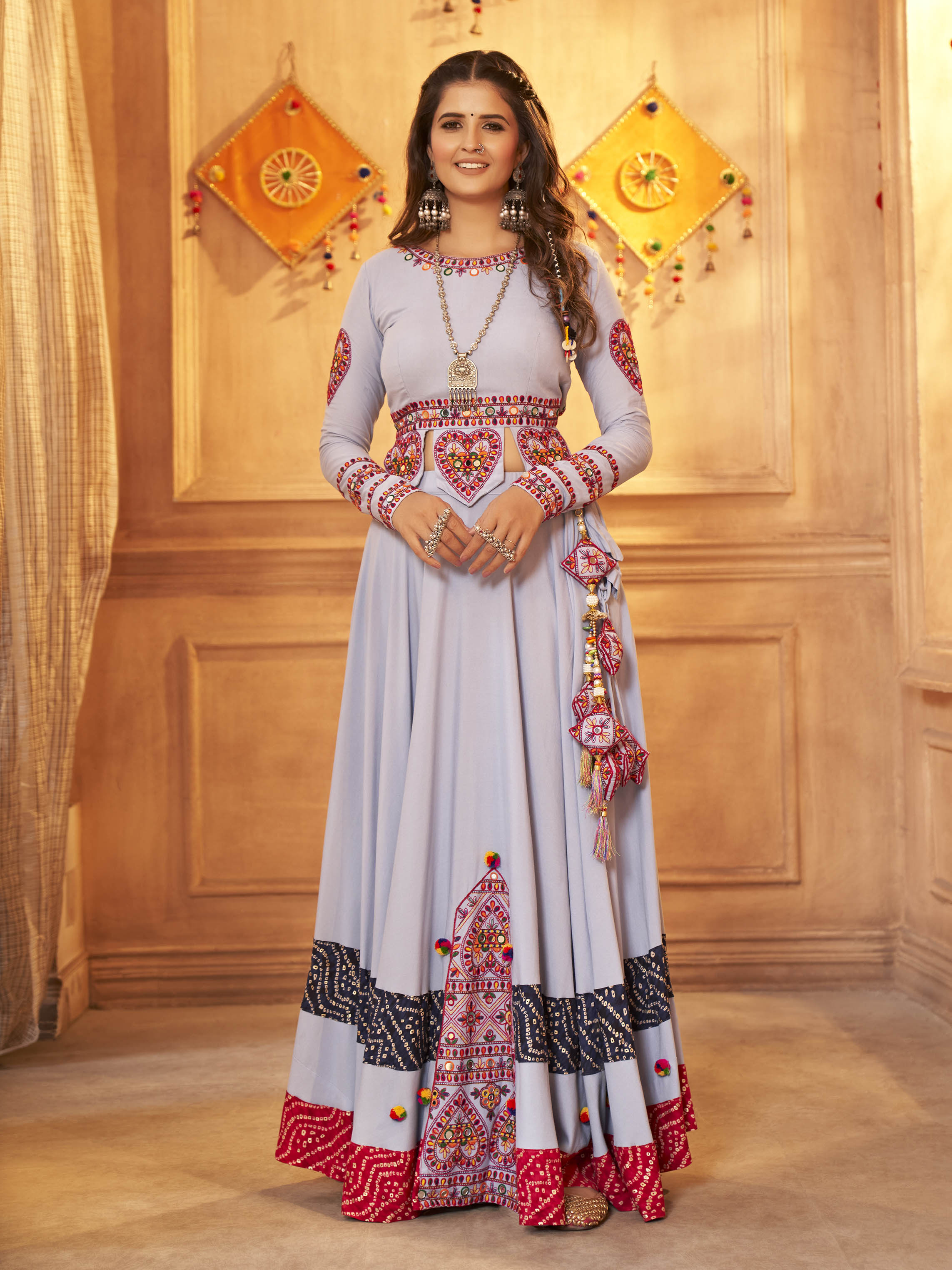 Myra Sky Viscose Rayon Embroidered Designer Navratri Special Lehenga