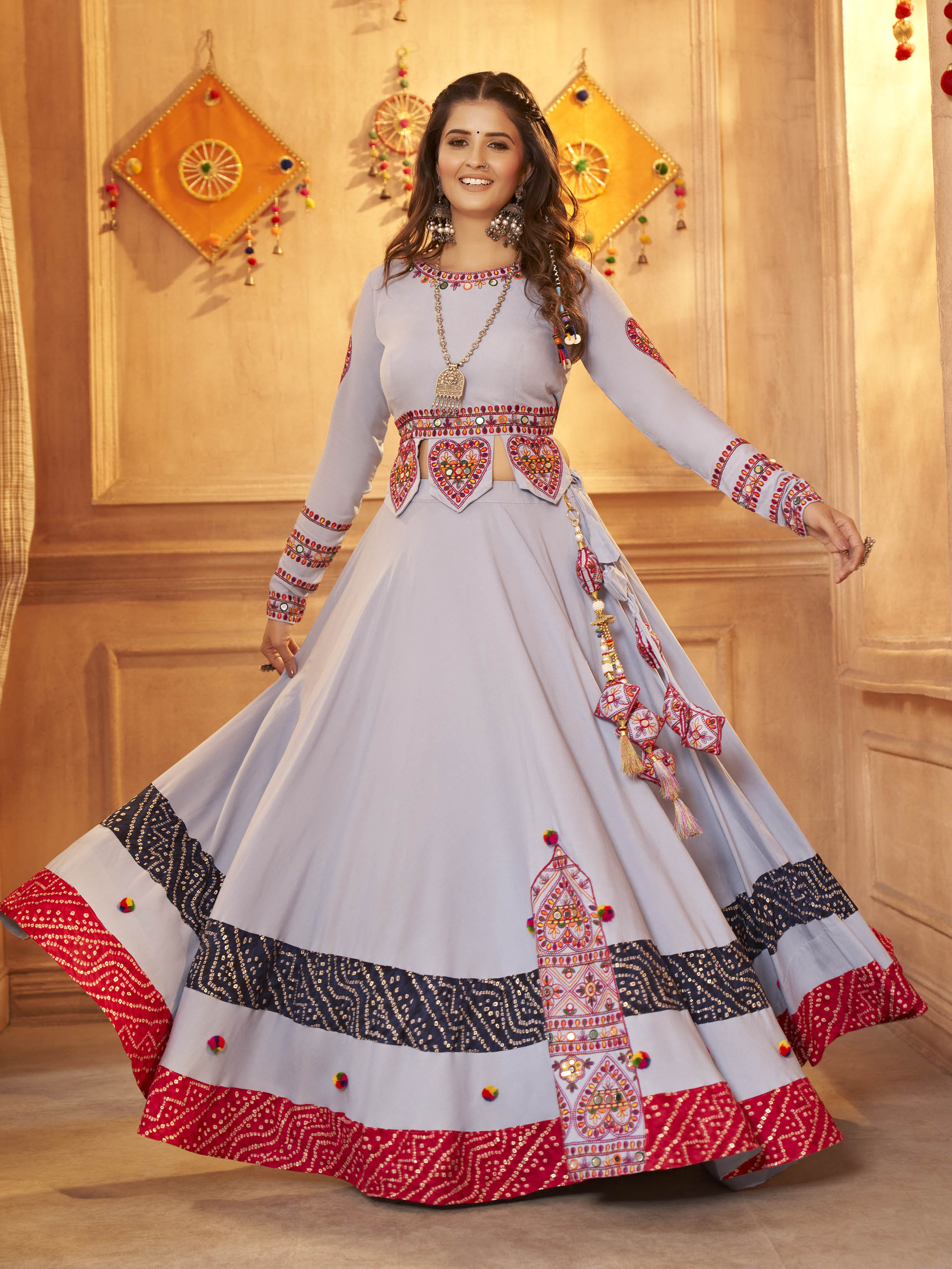 Myra Sky Viscose Rayon Embroidered Designer Navratri Special Lehenga