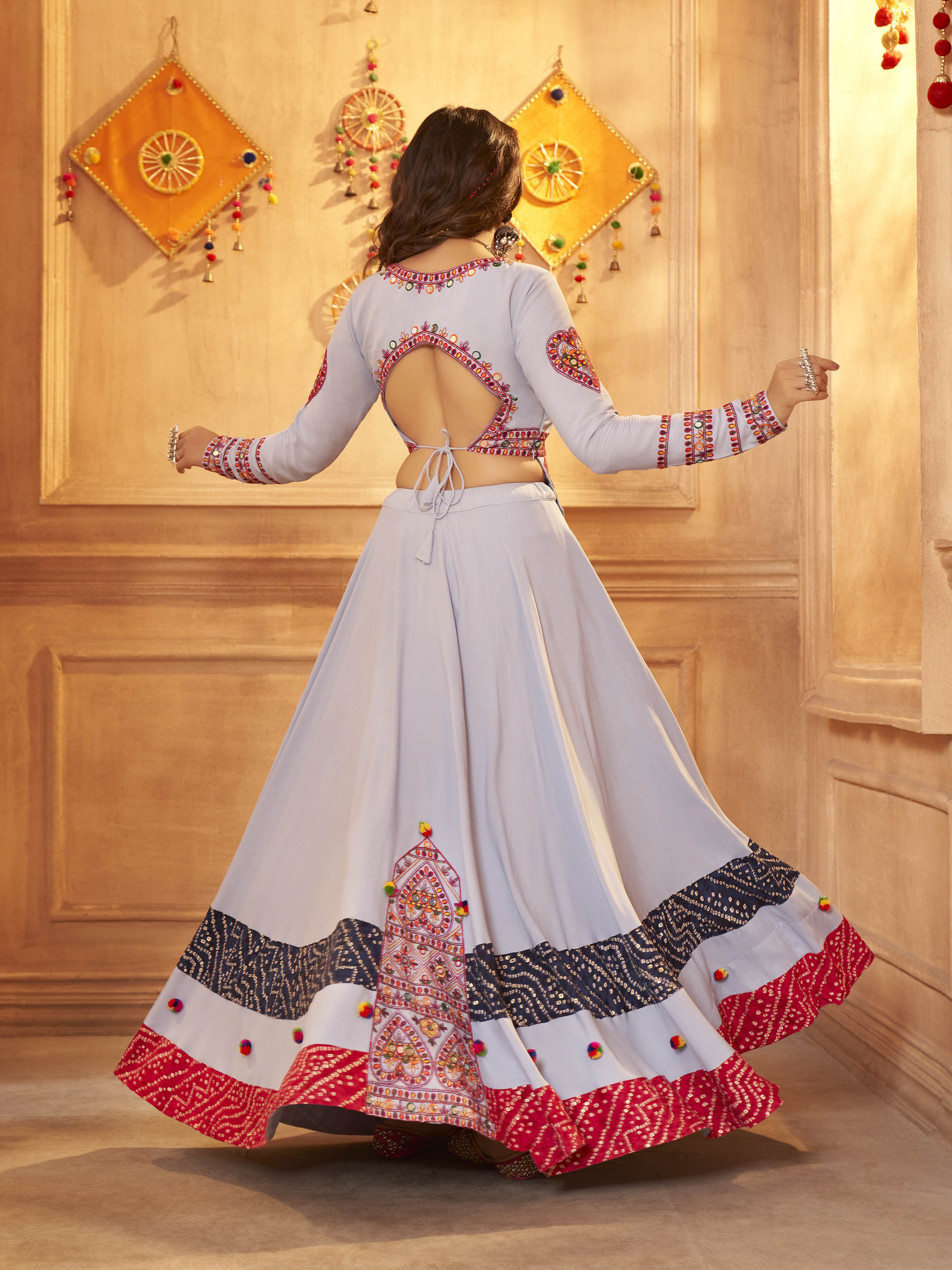 Myra Sky Viscose Rayon Embroidered Designer Navratri Special Lehenga
