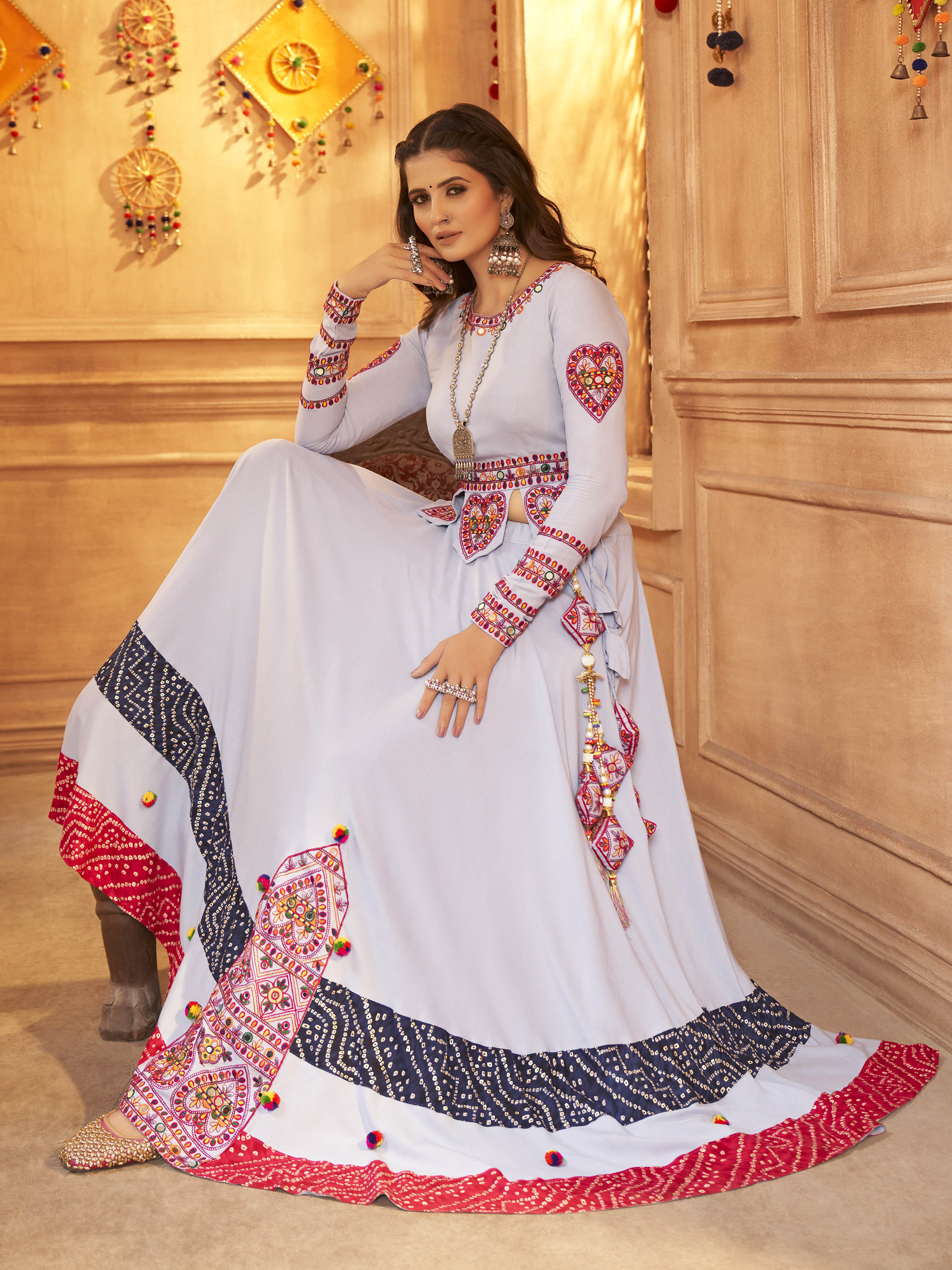 Myra Sky Viscose Rayon Embroidered Designer Navratri Special Lehenga