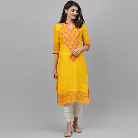 Maai Rayon Hand Printed Kurta Yellow