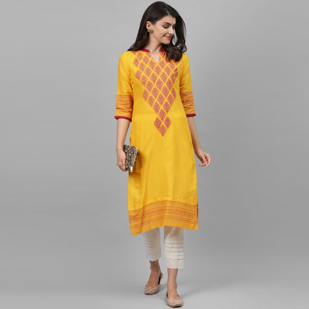 Maai Rayon Hand Printed Kurta Yellow - Distacart