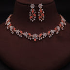 Tehzeeb Creations Rose Gold Pleated White Diamond With Orange Beads Necklace Set