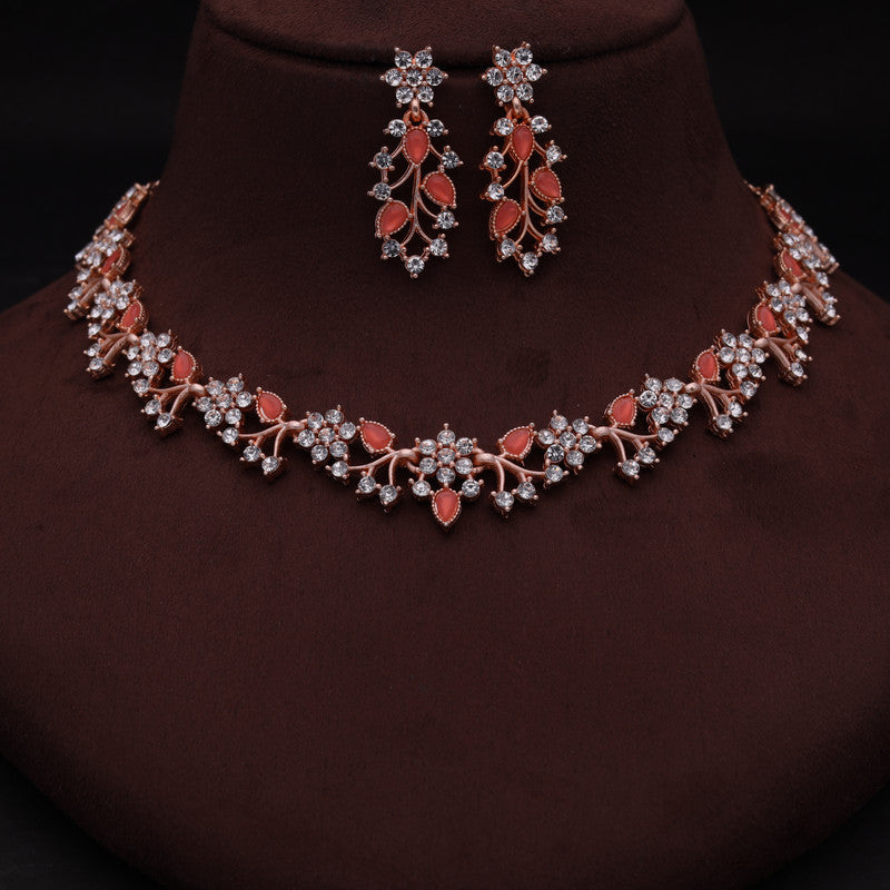 Tehzeeb Creations Rose Gold Pleated White Diamond With Orange Beads Necklace Set