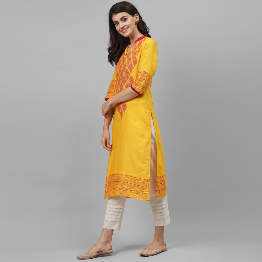 Maai Rayon Hand Printed Kurta Yellow - Distacart