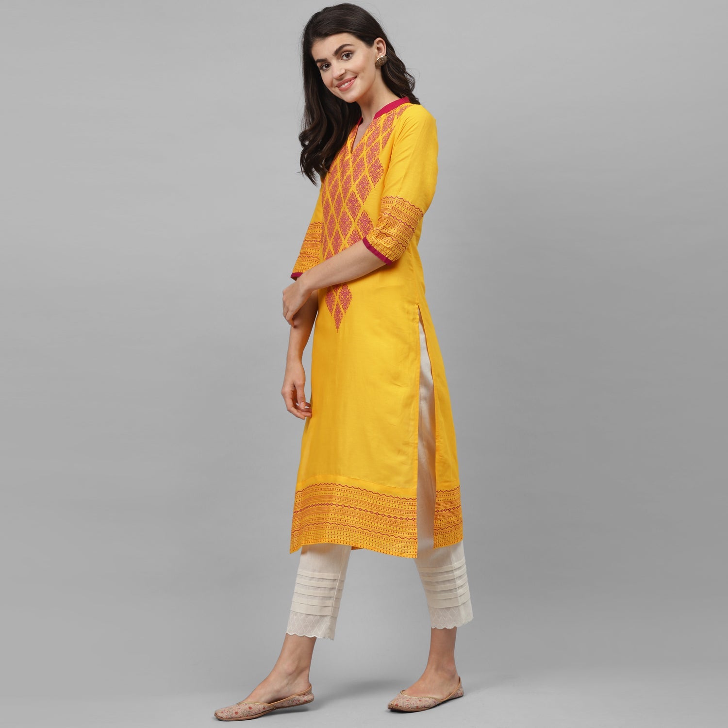 Maai Rayon Hand Printed Kurta Yellow - Distacart
