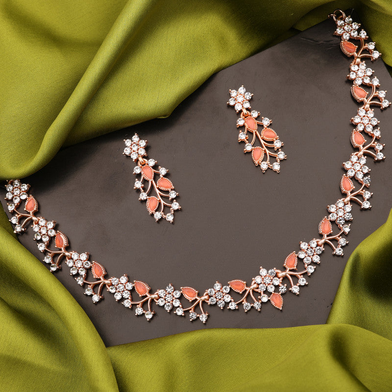 Tehzeeb Creations Rose Gold Pleated White Diamond With Orange Beads Necklace Set