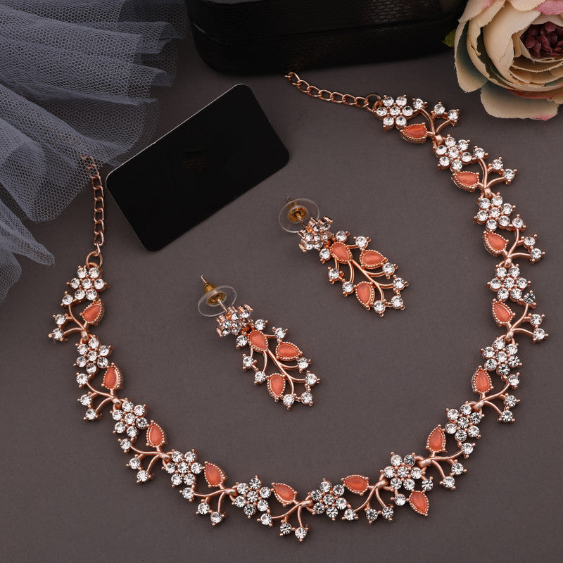 Tehzeeb Creations Rose Gold Pleated White Diamond With Orange Beads Necklace Set