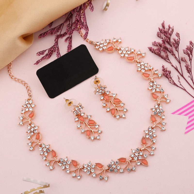 Tehzeeb Creations Rose Gold Pleated White Diamond With Orange Beads Necklace Set