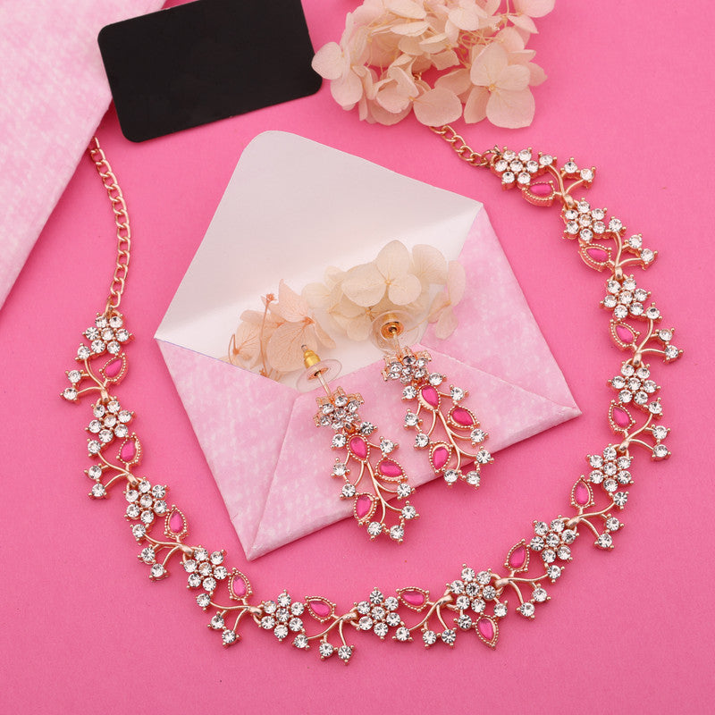 Tehzeeb Creations Rose Gold Pleated White Diamond With Pink Beads Necklace Set