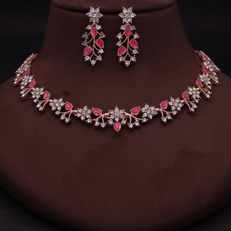 Tehzeeb Creations Rose Gold Pleated White Diamond With Pink Beads Necklace Set