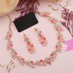 Tehzeeb Creations Rose Gold Pleated White Diamond With Pink Beads Necklace Set