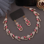 Tehzeeb Creations Rose Gold Pleated White Diamond With Pink Beads Necklace Set