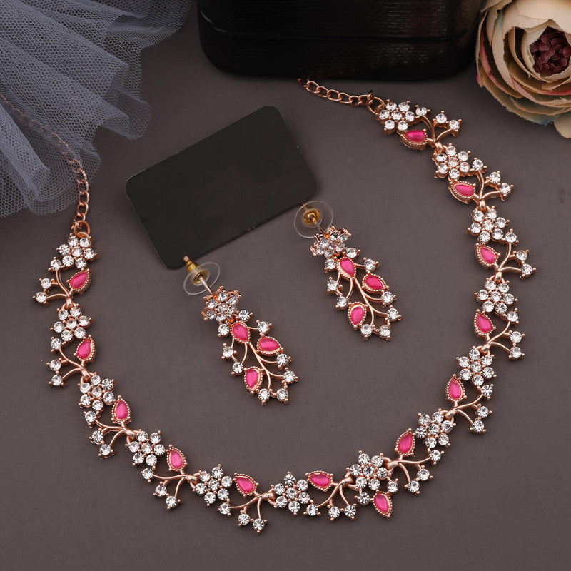 Tehzeeb Creations Rose Gold Pleated White Diamond With Pink Beads Necklace Set