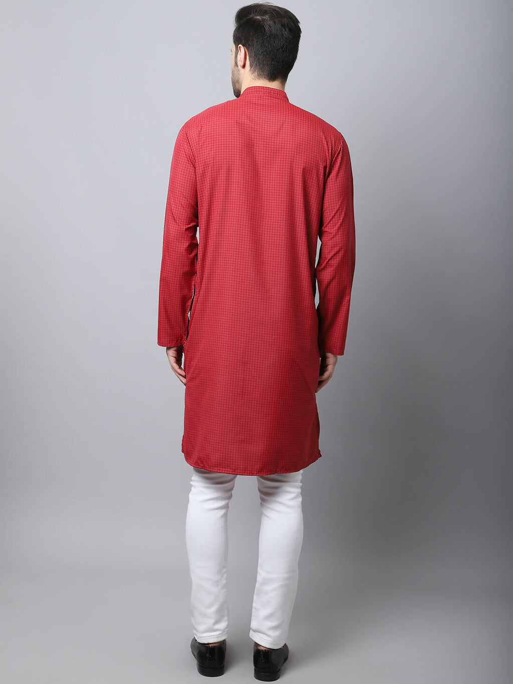 Even Apparels Maroon Cotton Checked Men's Kurta With Band Collar - Distacart