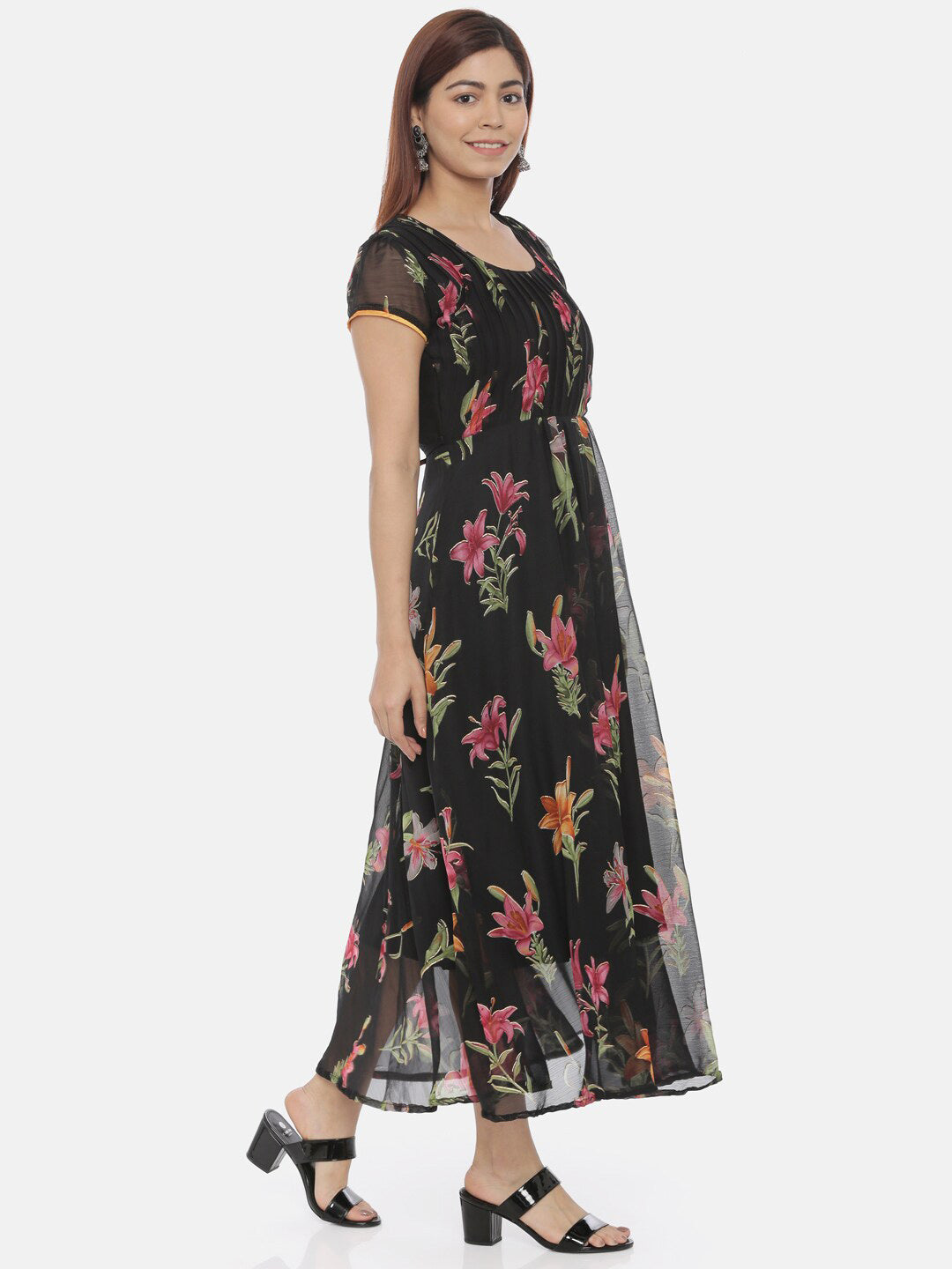 Souchii Round Neck Floral Printed Chiffon Maxi Dress - Distacart