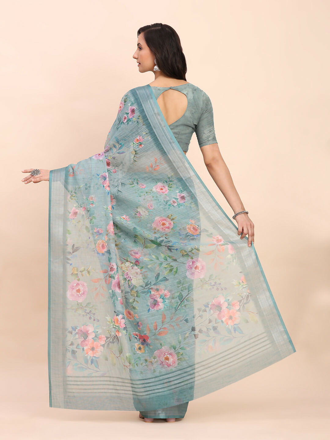 Shree Shyam Fashion Linen Cotton Sea Green Saree - Distacart