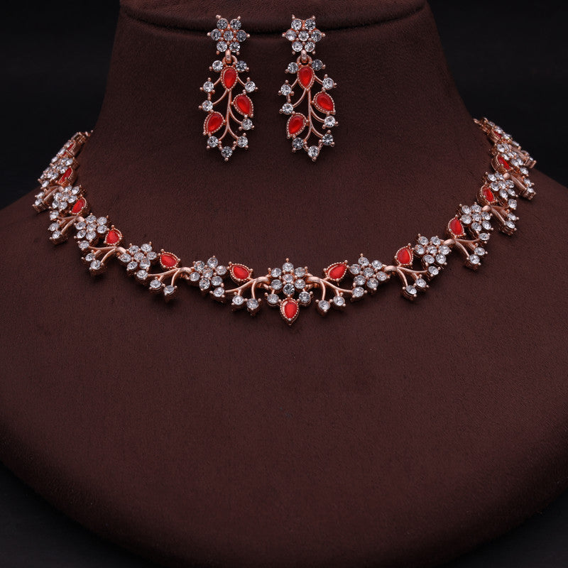 Tehzeeb Creations Rose Gold Pleated White Diamond With Red Beads Necklace Set
