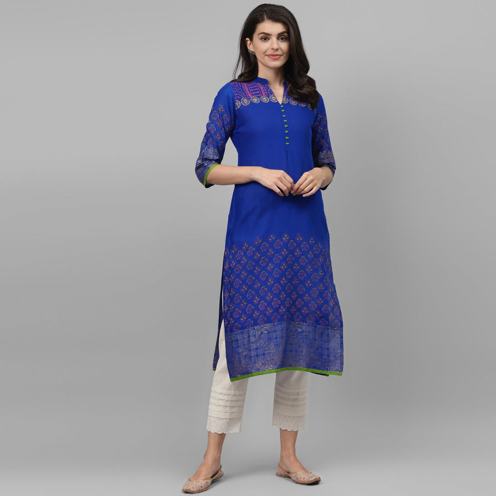 Maai Rayon Hand Printed Kurta Blue - Distacart