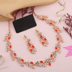 Tehzeeb Creations Rose Gold Pleated White Diamond With Red Beads Necklace Set