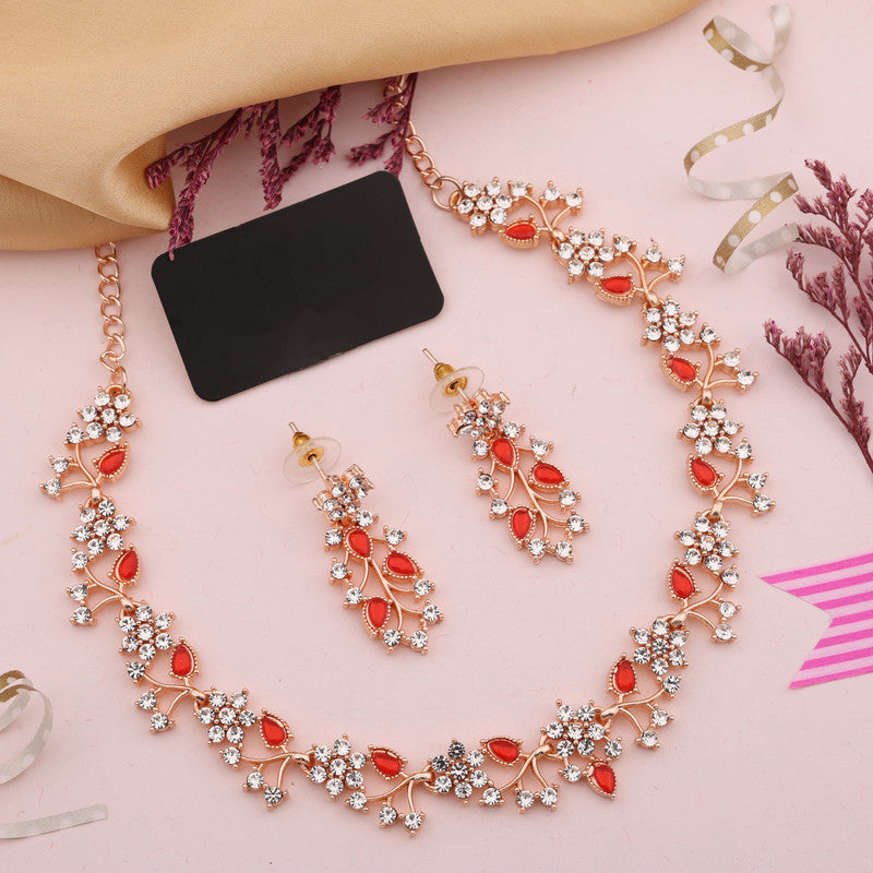 Tehzeeb Creations Rose Gold Pleated White Diamond With Red Beads Necklace Set