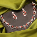 Tehzeeb Creations Rose Gold Pleated White Diamond With Red Beads Necklace Set