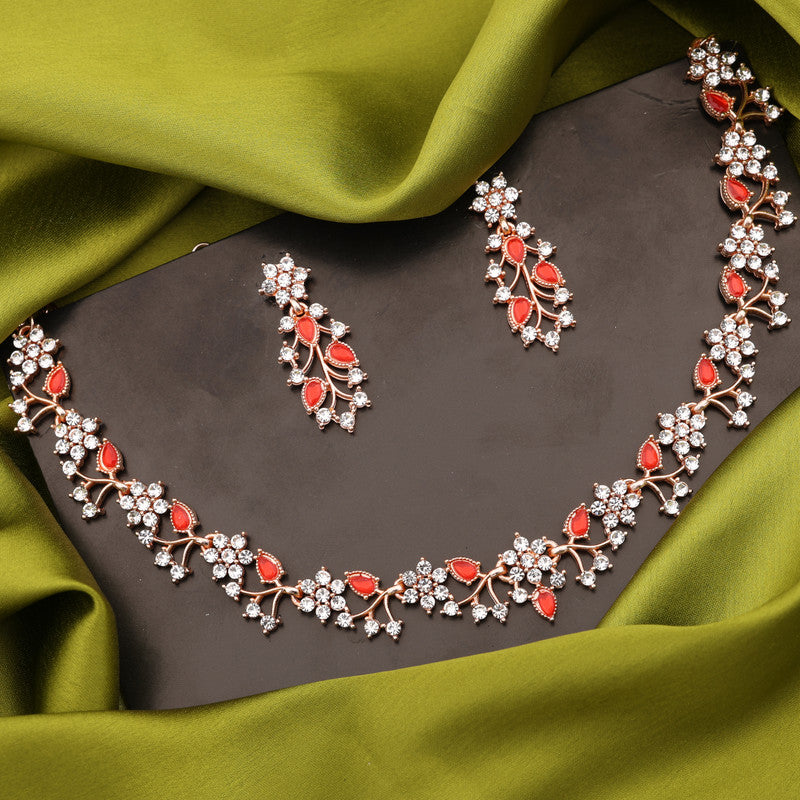 Tehzeeb Creations Rose Gold Pleated White Diamond With Red Beads Necklace Set