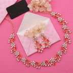 Tehzeeb Creations Rose Gold Pleated White Diamond With Red Beads Necklace Set