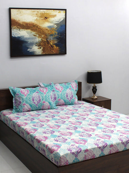 BOMBAY DYEING Pink & Blue Ethnic Motifs Cotton 110 TC Queen Bedsheet With 2 Pillow Covers