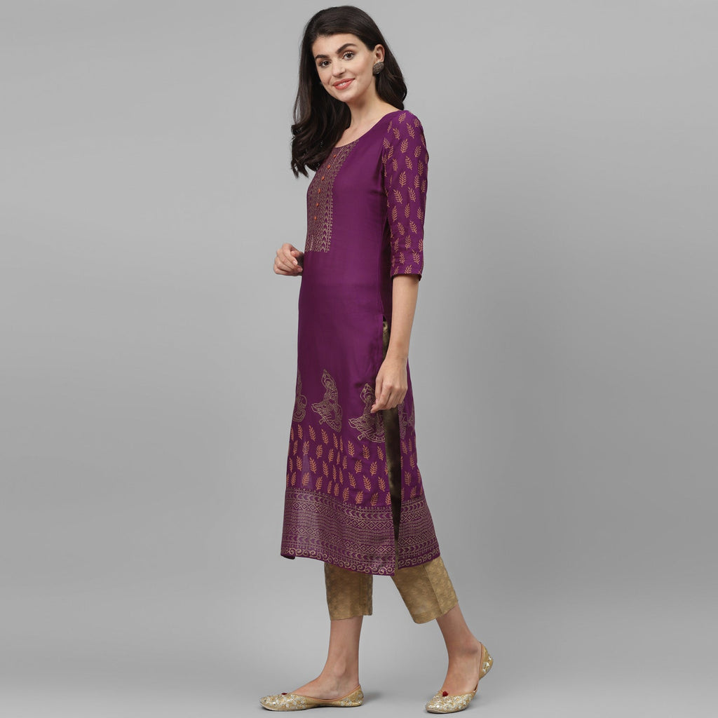 Maai Rayon Hand Printed Kurta Purple - Distacart