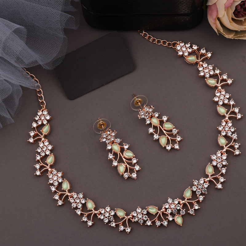 Tehzeeb Creations Rose Gold Pleated White Diamond With Sea Green Beads Necklace Set