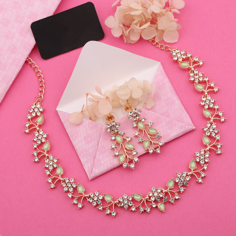Tehzeeb Creations Rose Gold Pleated White Diamond With Sea Green Beads Necklace Set