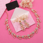 Tehzeeb Creations Rose Gold Pleated White Diamond With Sea Green Beads Necklace Set