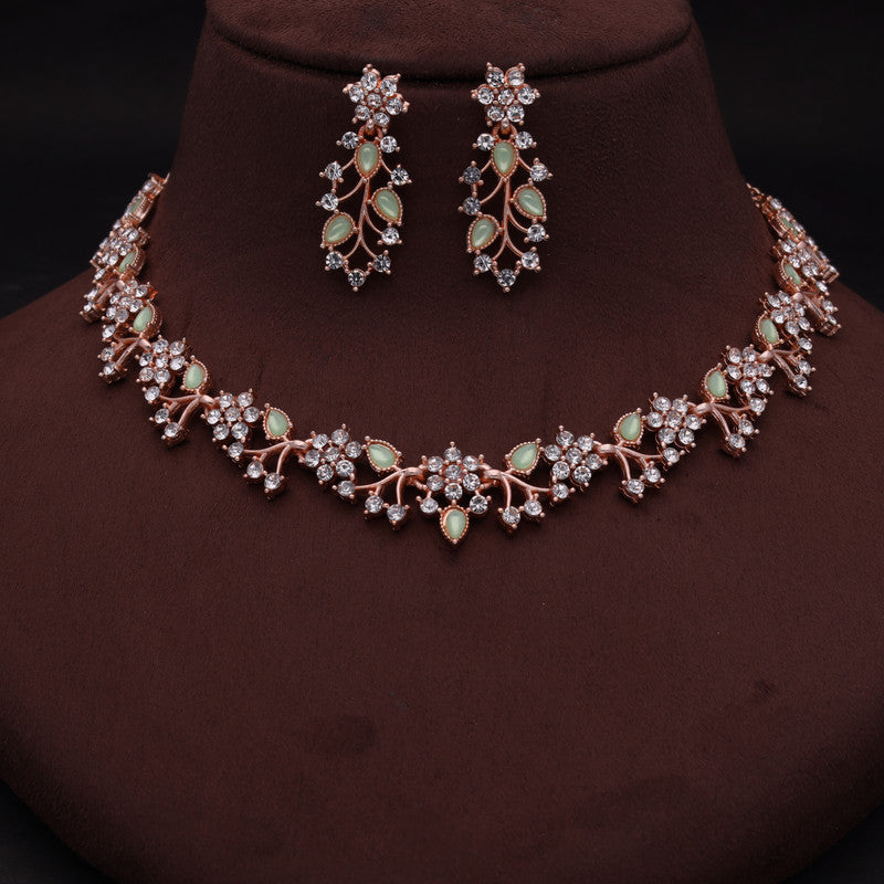 Tehzeeb Creations Rose Gold Pleated White Diamond With Sea Green Beads Necklace Set