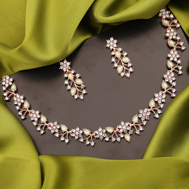 Tehzeeb Creations Rose Gold Pleated White Diamond With Sea Green Beads Necklace Set