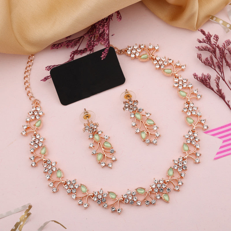 Tehzeeb Creations Rose Gold Pleated White Diamond With Sea Green Beads Necklace Set