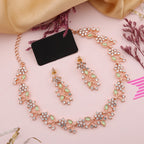 Tehzeeb Creations Rose Gold Pleated White Diamond With Sea Green Beads Necklace Set
