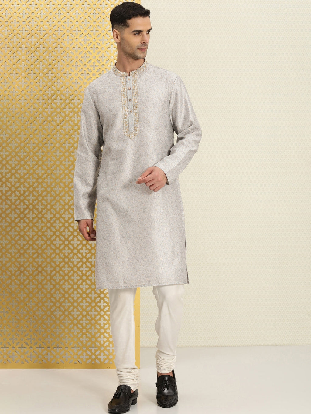 House of Pataudi Men Floral Printed Mandarin Collar Jashn Kurta