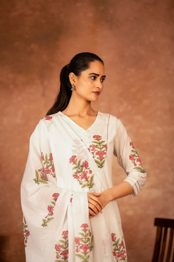 Joban Fashion Off White Pink Hand Block Printed Cotton Suit Set - Distacart