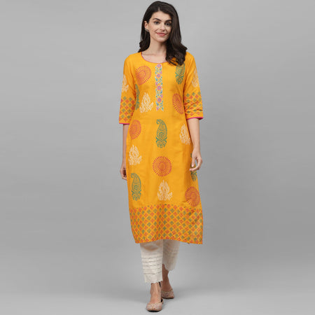 Maai Rayon Hand Printed Kurta Yellow