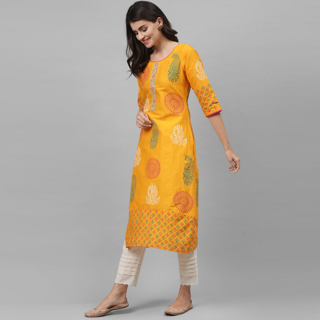 Maai Rayon Hand Printed Kurta Yellow - Distacart