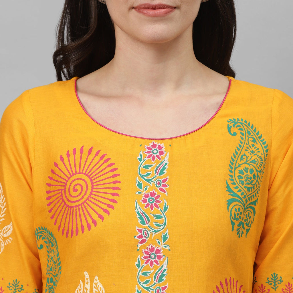 Maai Rayon Hand Printed Kurta Yellow - Distacart