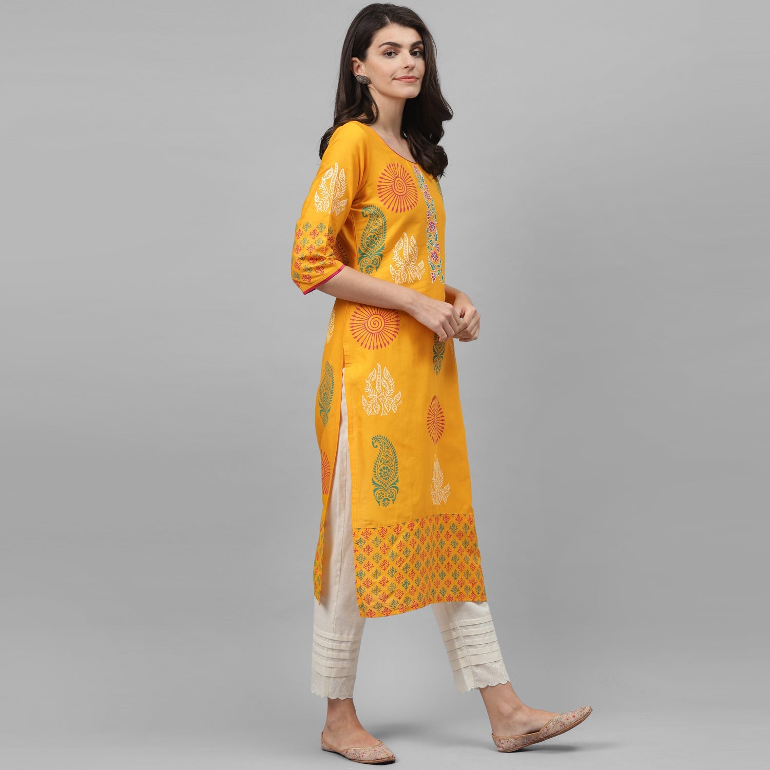 Maai Rayon Hand Printed Kurta Yellow - Distacart