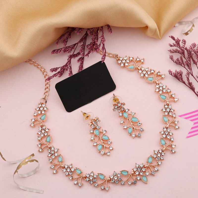 Tehzeeb Creations Rose Gold Pleated White Diamond With Sky Blue Beads Necklace Set